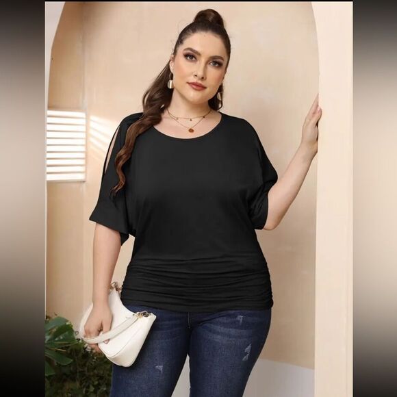 Dolman Cold Shoulder Split Sleeve Solid Black Cinched Ruched Sides Top Size L - Picture 1 of 9